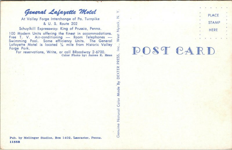 Vtg 1950s General Lafayette Motel King of Prussia Pennsylvania PA Postcard