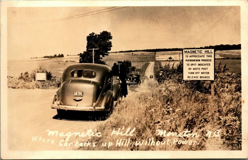 RPPC New Brunswick Canada Magnetic Hill Vintage Cars Gravity Hill UNP Postcard