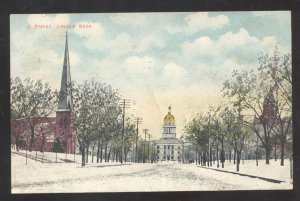 LINCOLN NEBRASKA J STREET SCENE STATE CAPITOL WINTER SNOW VINTAGE POSTCARD