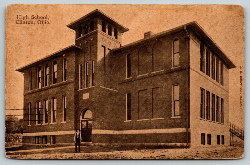 Clinton OhioMan in Front of Smaller High SchoolLong Steps Down Back1912 Sepia