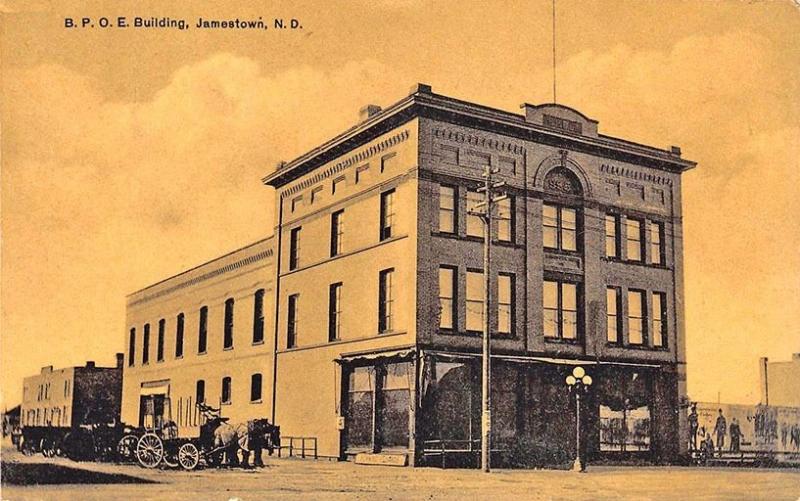 Jamestown ND Street View B. P. O. E. Elks Building Horses & Wagon Postcard