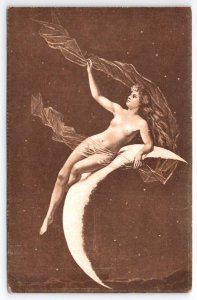 Art Nouveau Goddess On Crescent Moon Woman Starry Night Sky Fantasy Postcard A36