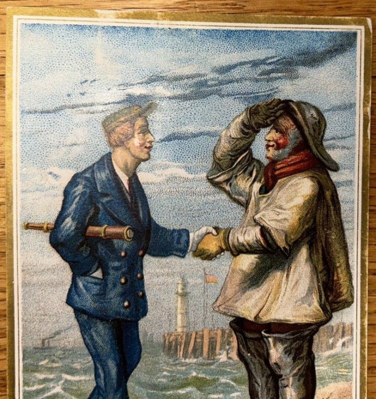 Victorian Trade Card Antique Sailors Shaking Hands Nautical Colorful Large Piece