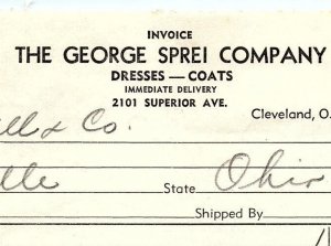 1938 THE GEORGE SPREI COMPANY CLEVELAND OH DRESSES COATS BILLHEAD INVOICE Z3521