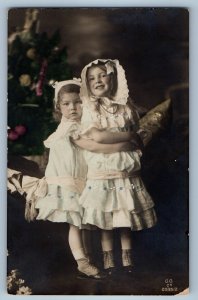 1917 Children Girls Lace Bonnet Studio Cedar Falls Iowa IA RPPC Photo Postcard