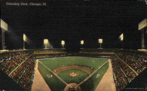Chicago White Sox Baseball Stadium Comiskey Park at Night Linen Postcard