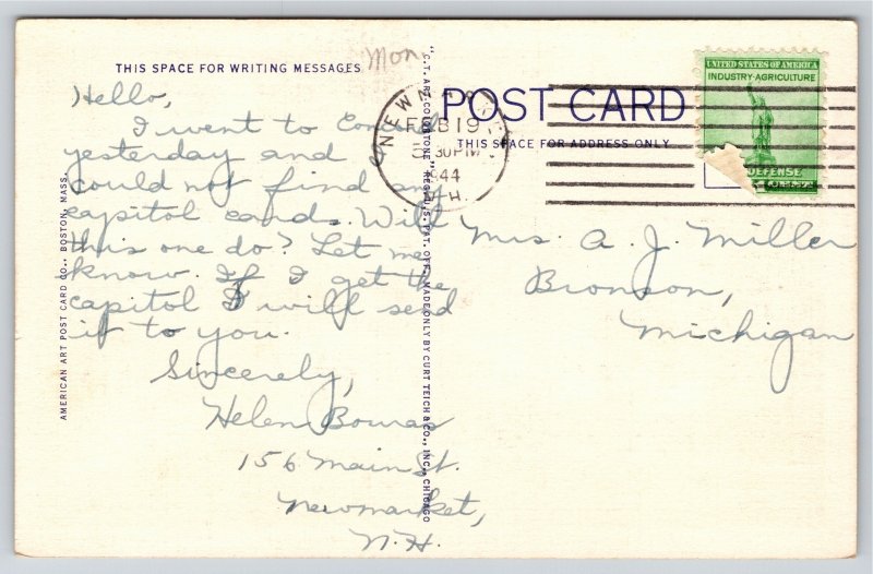 Concord New Hampshire~Vista From State Capitol~Park~Statues~1944 Linen Postcard