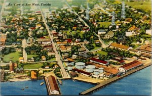 Postcard FL Key West Aerial View Boat Pier Fuel Tanks Houses LINEN 1940s F38