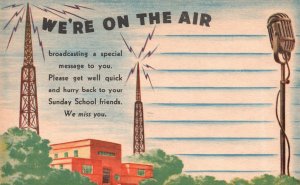 Vintage Postcard Broadcast Message For Sunday School Building Tower Microphone