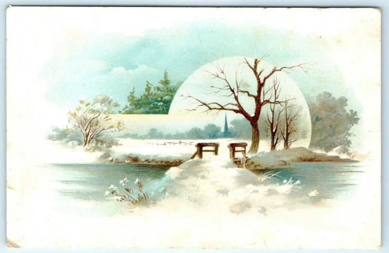 c1880s Litho Art Winter Scene Distant Church Stock Trade Card Xmas Greeting C20