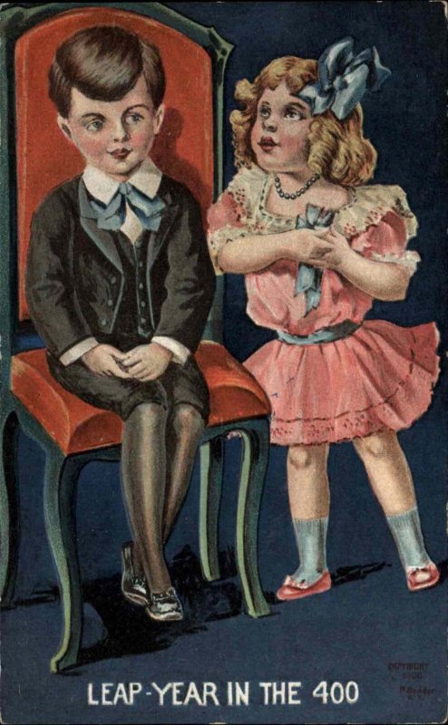 Leap Year in the 400 Little Girl in Pink Boy in Suit c1910 Vintage Postcard