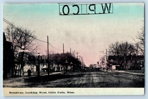 Little Falls Minnesota MN Postcard Broadway Looking West Exterior c1910 Vintage