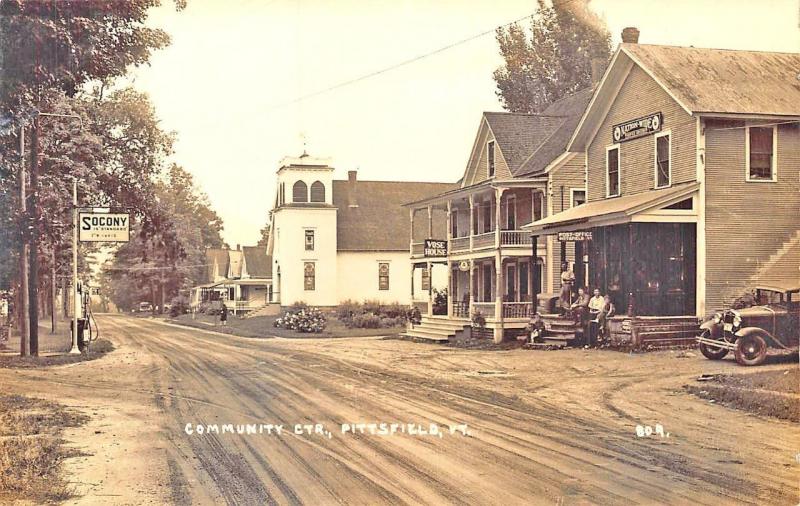 Pittsfield VT Community Center Dirt Street Storefronts RPPC Postcard