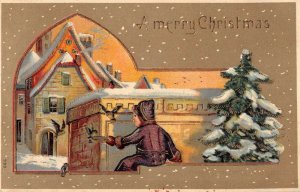 A Merry Christmas child feeding birds snow scene embossed antique pc ZC548632