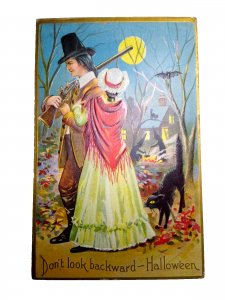 Halloween Postcard Pilgrims Black Cats Bats Witches Brew Santway 140 Embossed