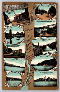 Map And Guide To The Hudson River New York, Antique Multiview Postcard, 10 Views