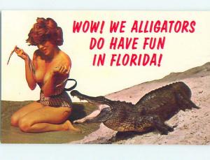 1966 Risque NEAR TOPLESS GIRL & ALLIGATOR Miami Florida Florida FL j6106