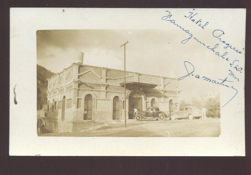 RPPC PAMAZANNCHALA S.L.O MEXICO HOTEL PROGRESO REAL PHOTO POSTCARD OLD CARS