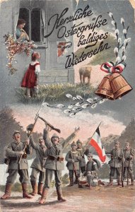 Easter Greetings 1915 Soldiers Celebrating Riffle Flag Girl Field WWI postcard