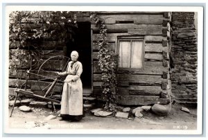 c1940s Spinning At A Mountain Cabin Old Woman RPPC Photo Unposted Postcard 
