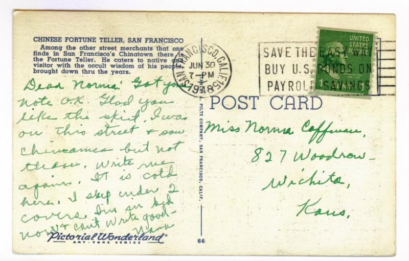 San Francisco, California to Wichita, Kansas 1948 used Postcard, Chinatown