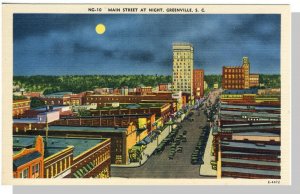 Greenville, South Carolina/SC Postcard, Main Street At Night, Near Mint!