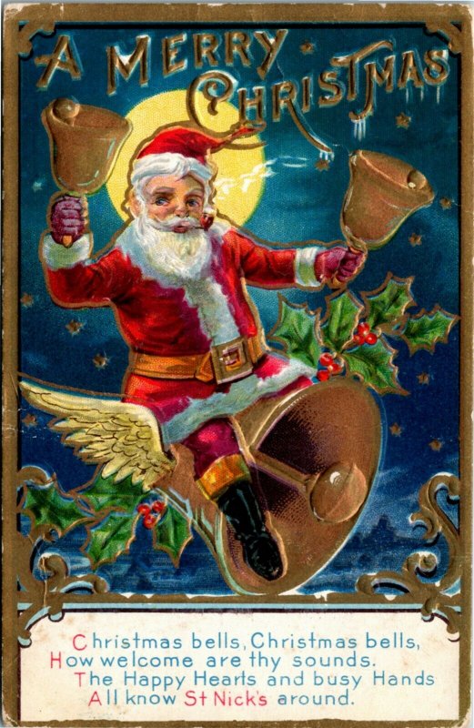 Postcard A Merry Christmas Santa Holding Two Jingle Bells and Riding on One M38