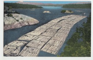 P3134 old loggin postcard big log raft tugboat through deception pass washington