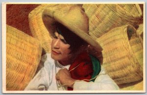 Michoacan Mexico 1940s Luis Marquez Postcard Young Basket Maker