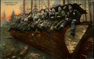 Men Loggers Sitting on Washington Log c1910 Postcard