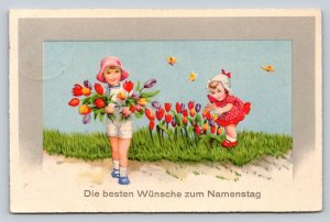 c1937 Little Girls Picking Tulips Best Wishes for Name Day Vintage Postcard 1147