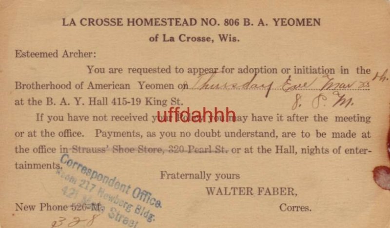 pre-1907 HOMESTEAD NO 806 B.A YEOMEN of La Crosse WI Esteemed Archer: initiation