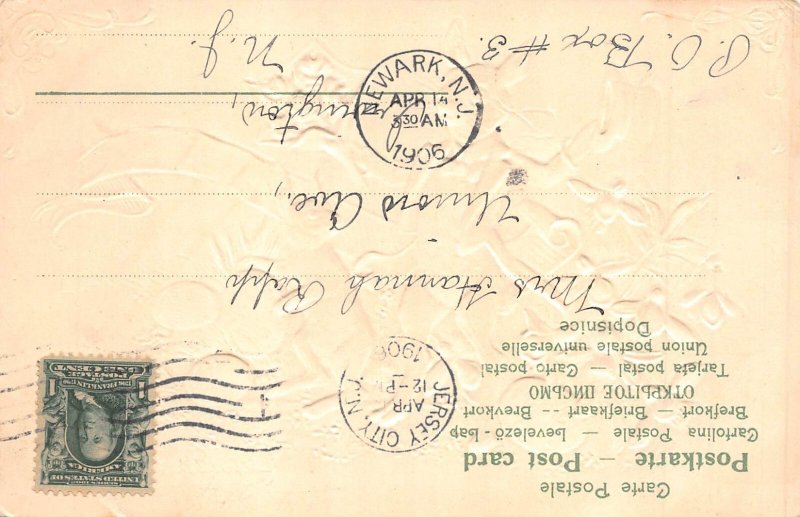 Easter Greeting Humanized Rabbit Rose Snowdrops Eggs embossed 1906 postcard B920