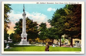 Waukegan Illinois~Soldiers Monument~Courthouse Park~Cannon~1940s Linen Postcard