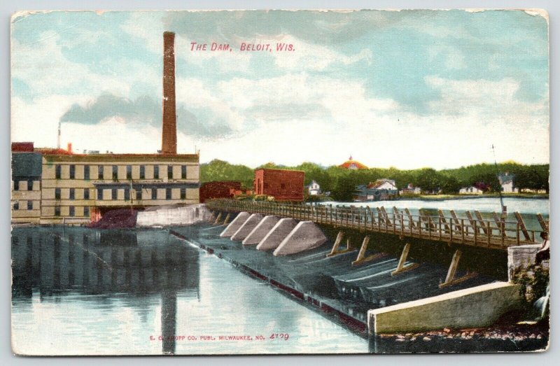 Beloit Wisconsin~Dam & Water Works~Smokestack~Wood Walkway~c1910 Postcard 