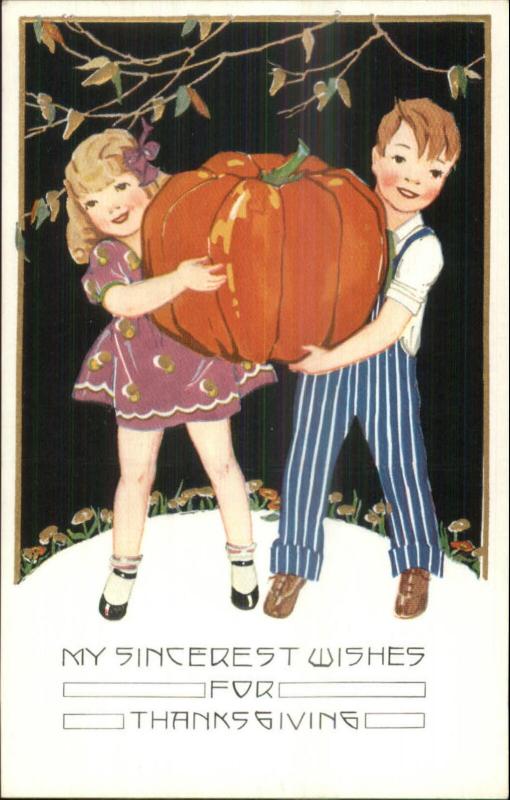 Thanksgiving c1910 Postcard - Boy & Girl Giant Pumpkin - ART DECO