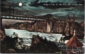 Bridge & Falls St. John NB New Brunswick Evening Moonlight c1908 Postcard E36