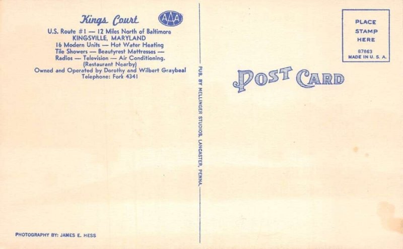 Kingsville Maryland Kings Court Linen Vintage Postcard AA105895