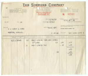 The Simmons Company Chicago ILL. Vintage 5/26/32 Invoice 
