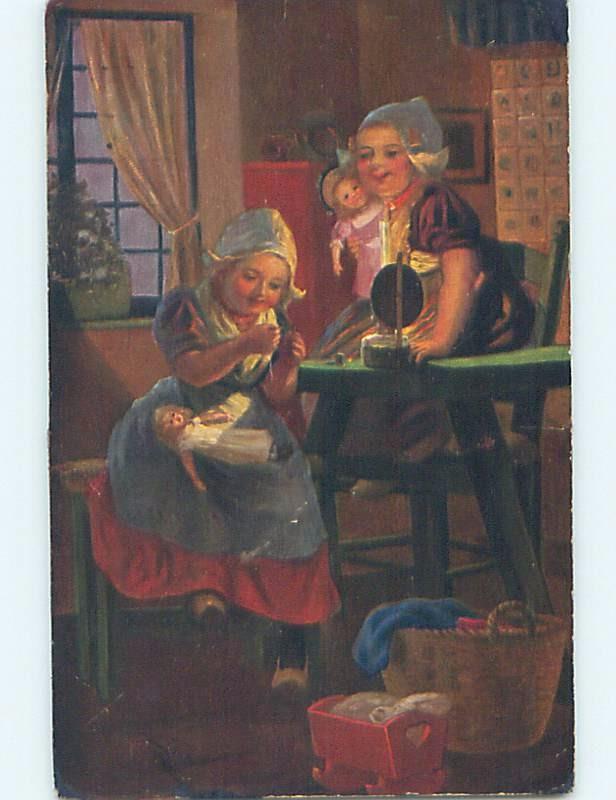 Pre-Linen SISTER WATCHES GIRL THREADING A NEEDLE TO SEW DRESS FOR DOLL HL5395