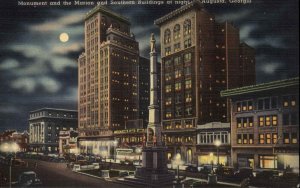 Augusta Georgia GA Night Scene Monument c1940s Linen Postcard