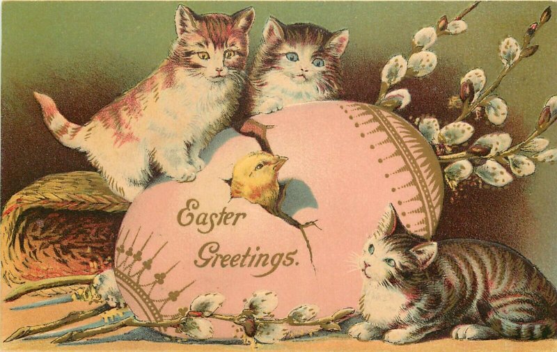 c1910 Easter Cat Postcard; Cute Kittens Keen on Chick Hatching from Big Pink Egg