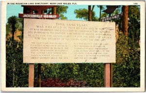 Mountain Lake Sanctuary Sign, Lake Wales FL c1939 Vintage Postcard D58