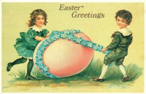 Vintage Postcard 1985 Happy Easter Greetings Card Children Pink Egg with Flowers