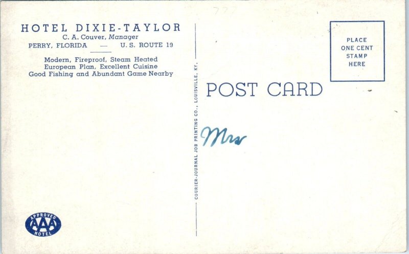 1920s Hotel Dixie-Taylor U.S. Route 19 Perry Florida Postcard