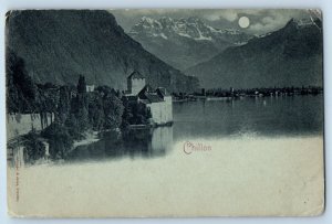 Veytaux Vaud Switzerland Postcard Chillon Castle River View Moonlight c1905