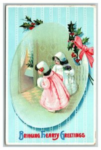 Vintage 1911 International Art Christmas Postcard Cute Children on Xmas Morning