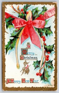 Holiday~A Merry Christmas~Wishbone W/ Holly & Ribbon~Gold Border~Vtg Postcard
