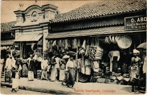 PC CPA SRI LANKA, CEYLON, COLOMBO, NATIVE BUTIQUES, Vintage Postcard (b12803)