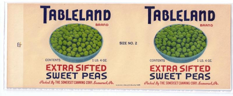 Tableland Sweet Peas Vintage Can Label Somerset PA 1 lb 4 oz